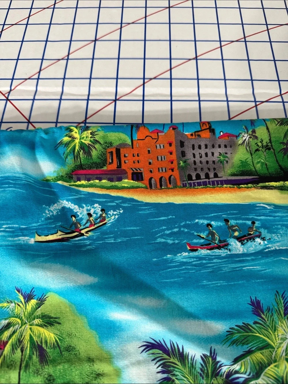 Vintage Tropical Island Scenic Fabric 1¾ Yards Palm Trees Sailboats Caribbean